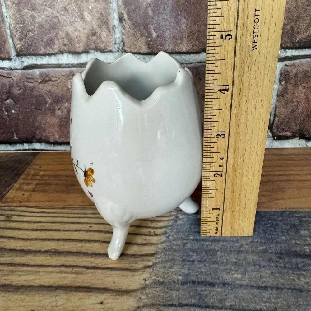 Lefton Cracked Egg‎ Vase Planter #5526 Porcelain 3 Footed Yellow Floral Vtg MCM